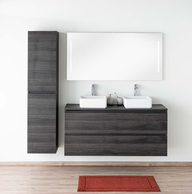 Meuble de salle de bains Dotan chêne foncé suspendu avec plateau en mélamine 140cm