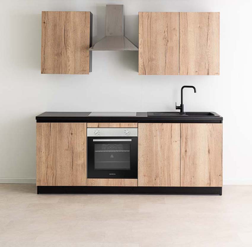 Cuisine Plenti noire/aspect bois 220cm - avec appareils - plaque de cuisson vitrocéramique et hotte murale en inox