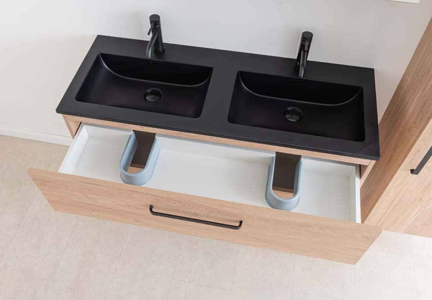 Meuble de salle de bains Bison chêne suspendu avec lavabo double noir 