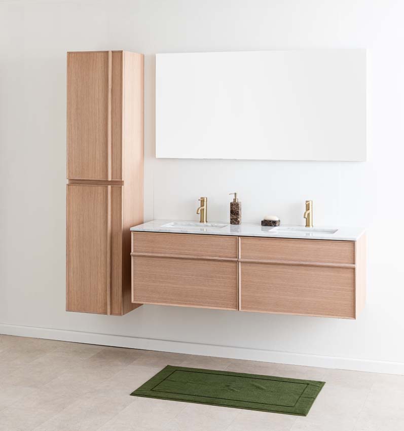 Meuble de salle de bains Felix chêne suspendu avec lavabo double effet marbre carrara 140cm