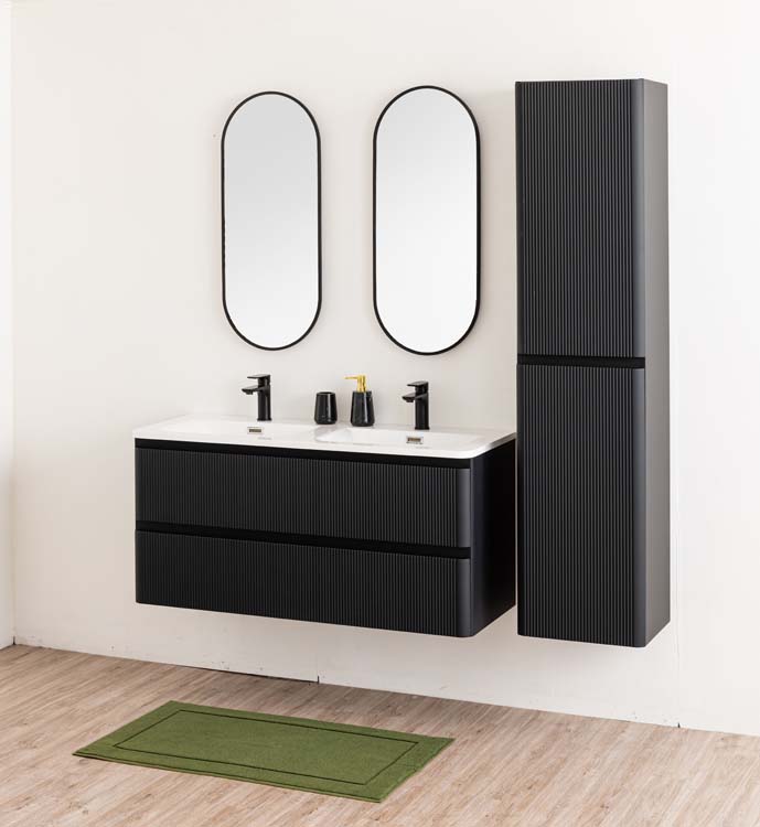 Badkamermeubel Julia mat zwart hangend met dubbele mineraal marmer wastafel glanzend wit 120cm