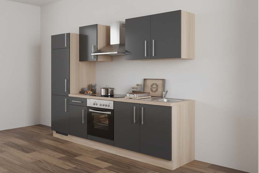 Keuken Ymir mat grijs/eik 270cm - met toestellen - vitrokeramische kookplaat en inox wanddampkap