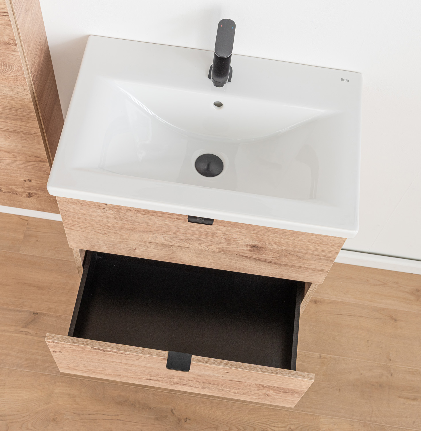 Badkamermeubel Raf honingeik hangend met enkele wastafel glanzend wit 60cm