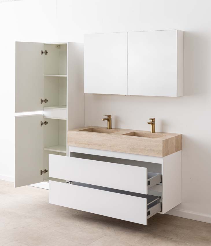 Meuble de salle de bain Tibo blanc avec double lavabo large en travertin 120cm