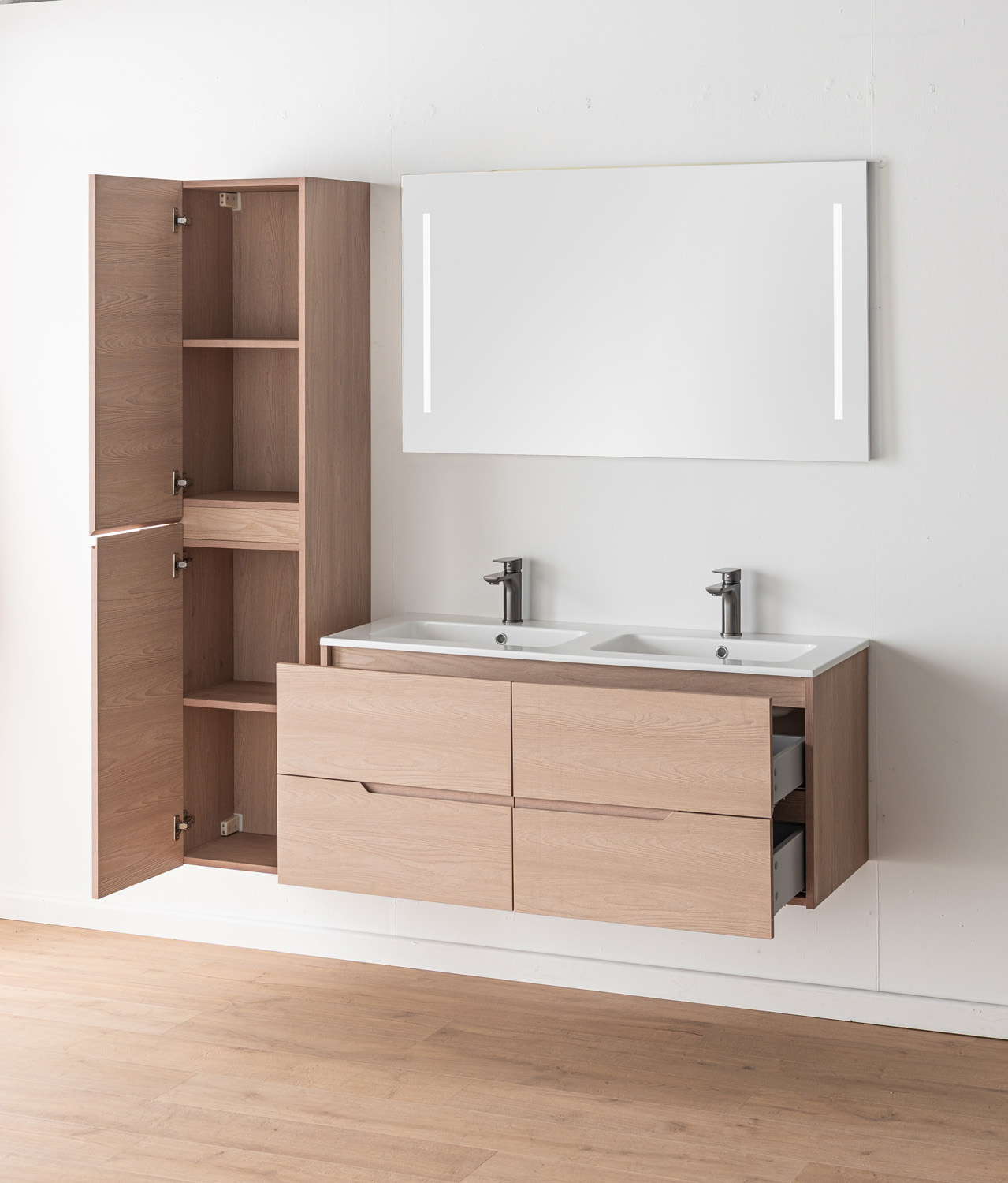 Meuble de salle de bains Tarik chêne Nordic suspendu avec double vasque blanc brillant 120cm