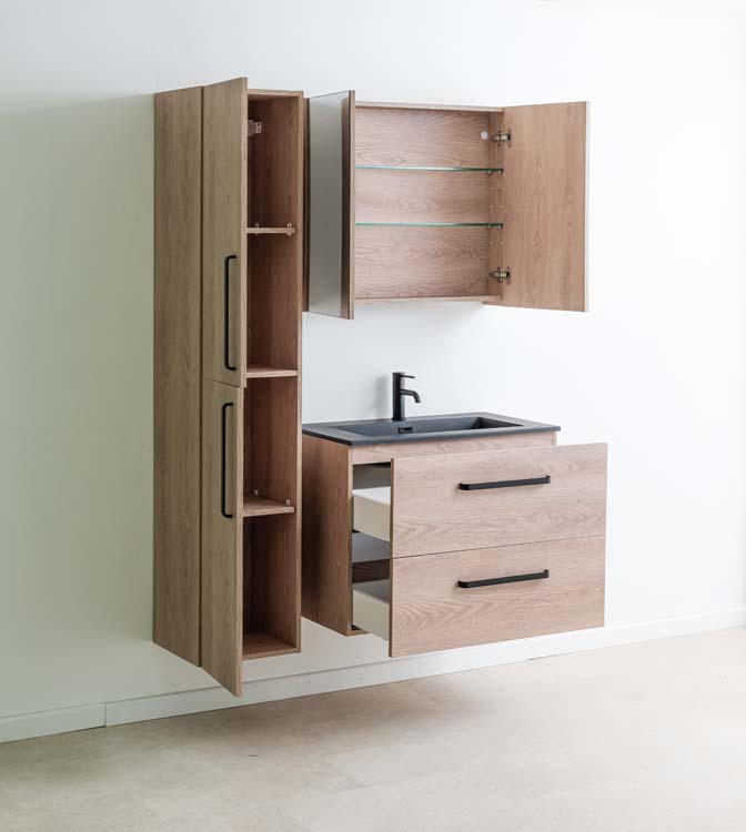 Badkamermeubel Bison eik hangend met enkele wastafel mat zwart 80cm