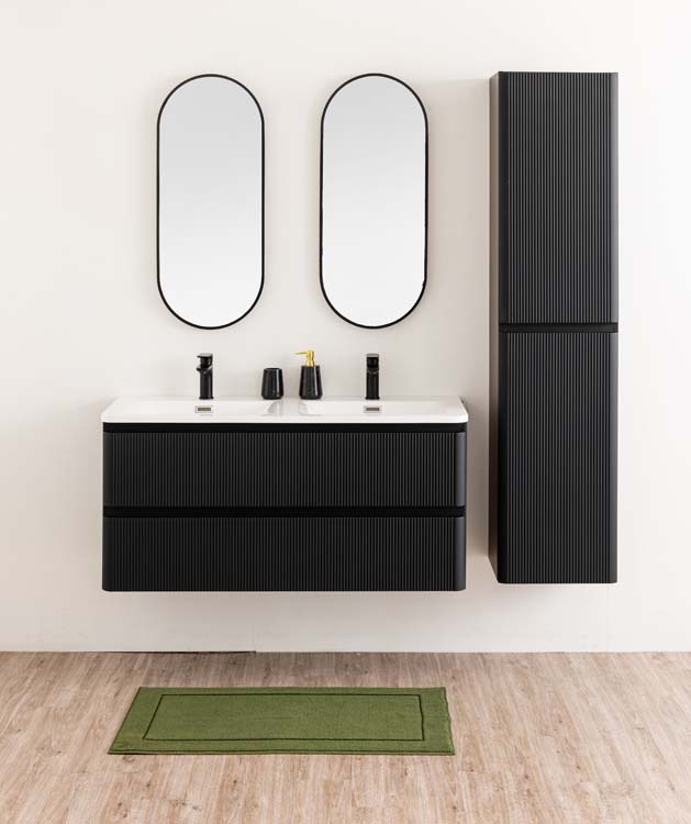 Badkamermeubel Julia mat zwart hangend met dubbele mineraal marmer wastafel glanzend wit 120cm