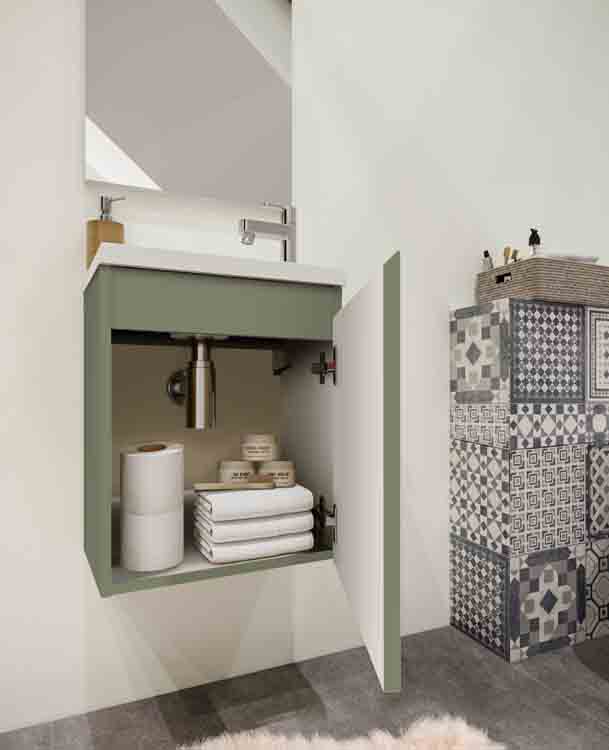 Meuble lave-mains Atlanta vert sauge vasque polybéton blanc 48x40x25cm