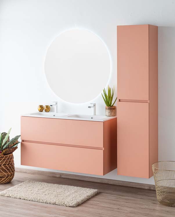 Meuble de salle de bains Puro blush suspendu avec lavabo double blanc mat 120cm