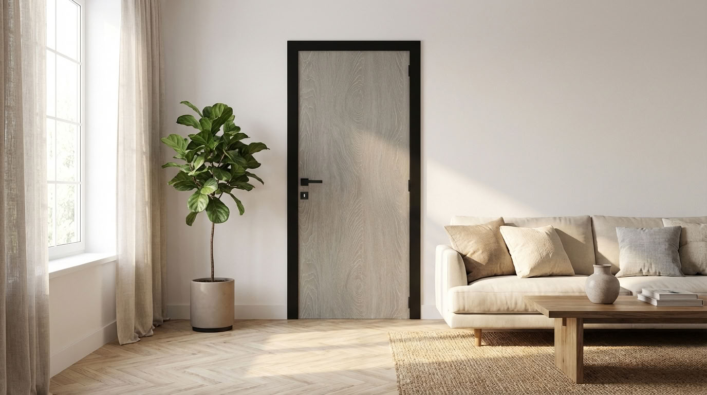 Complete binnendeur Uran Grey Oak 201,5x78cm honingraat omkeerbaar + zwarte deurkast 16,5cm