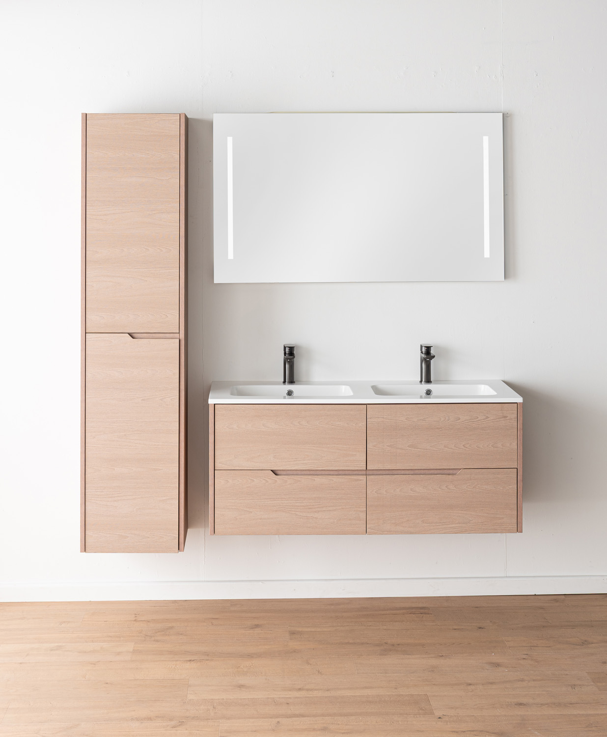 Meuble de salle de bains Tarik chêne Nordic suspendu avec double vasque blanc brillant 120cm