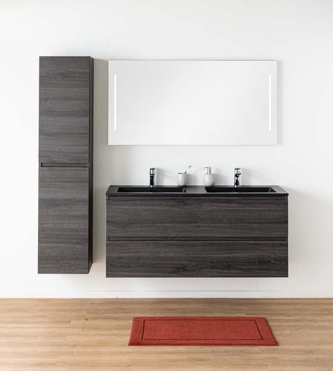 Meuble de salle de bain Dotan chêne foncé 1400 mm 2 lavabo mat noir