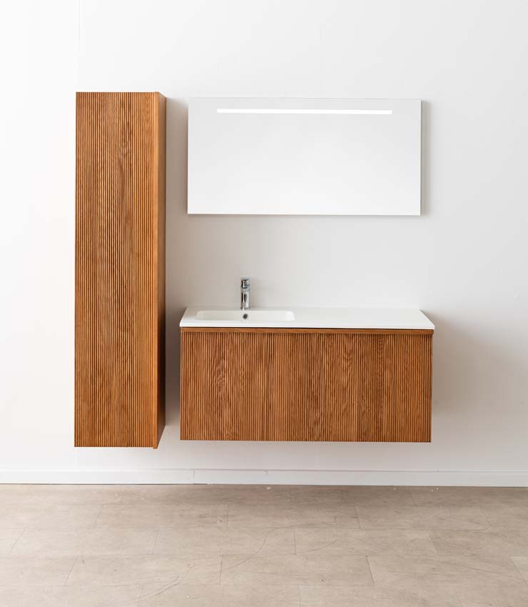 Badkamermeubel Fae eik hangend met enkele wastafel glanzend wit 120cm