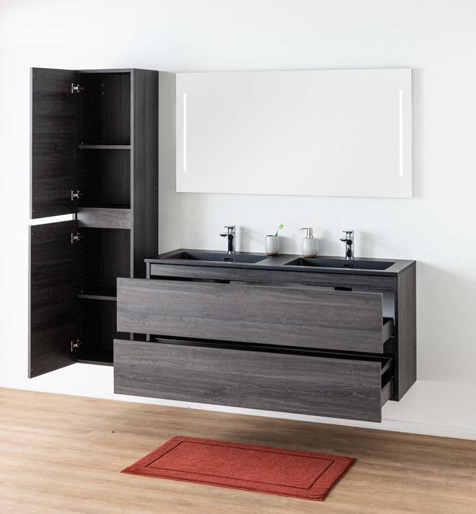 Meuble de salle de bain Dotan chêne foncé 1400 mm 2 lavabo mat noir