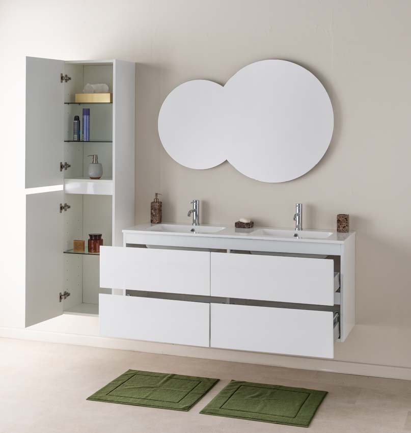 Meuble de salle de bains Tibo blanc suspendu avec lavabo double blanc brillant 140cm