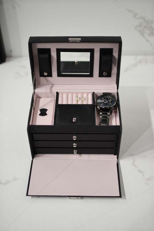 Sieradenbox zwart kunstleder 3 lades 