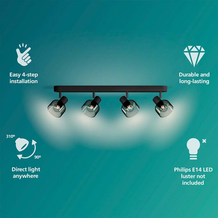 Spot plafond/mur - verre court - dimmable - E14 - 4x25W - lampe excl - noir