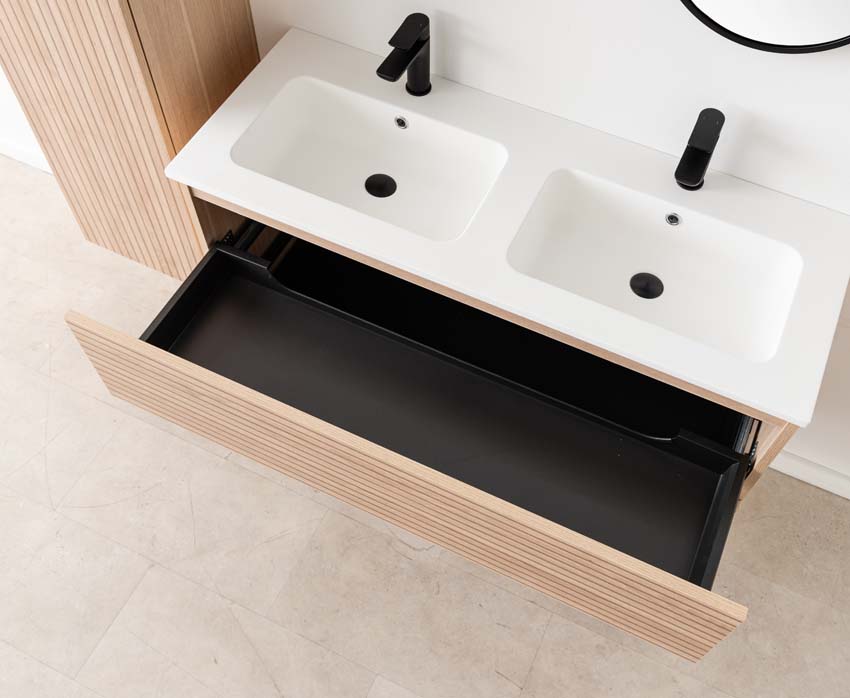 Meuble de salle de bains Dotan line up suspendu avec lavabo double blanc mat 120cm Meuble de salle de bains Dotan line up suspendu avec lavabo double blanc mat 120cm
