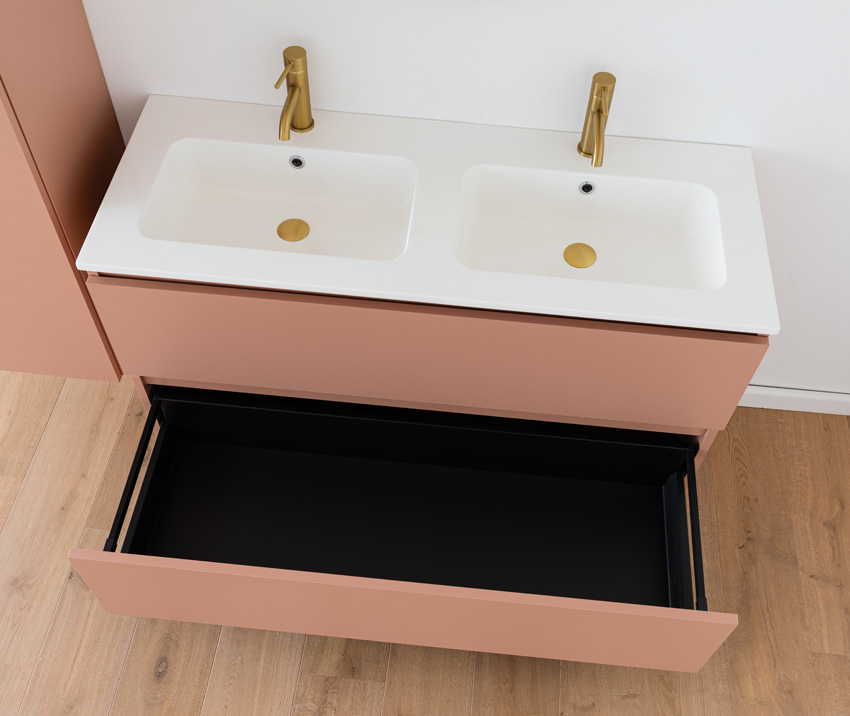 Meuble de salle de bains Dotan abricot suspendu avec double lavabo blanc brillant 120cm