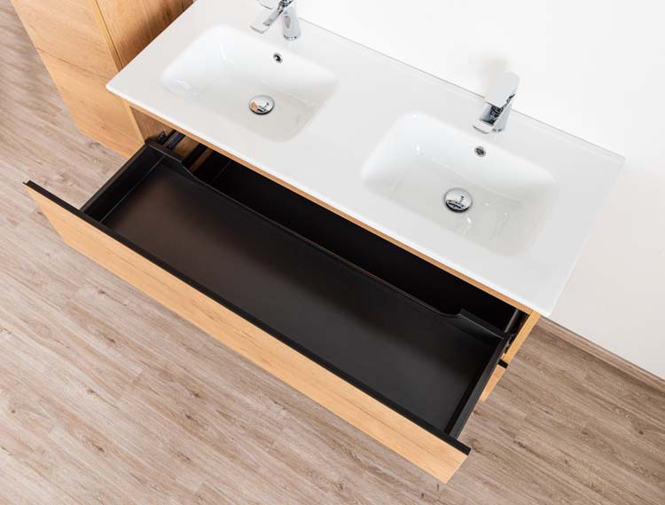Meuble de salle de bain Daria chêne brun doré 1200 mm 2 lavabo porcelaine brillant