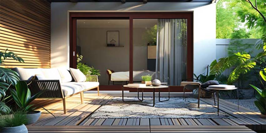 Levant-coulissant en bois Meranti Ribe Lapacho D>G L3000 x H2150 mm