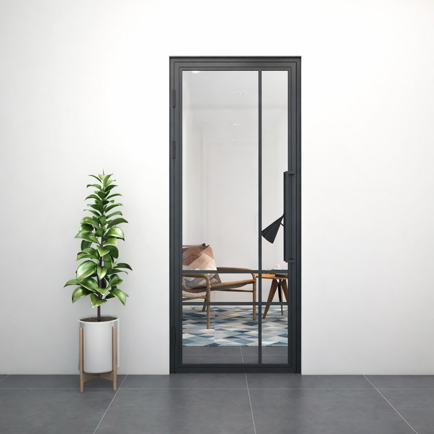 Porte intérieure en acier Tara noir 6W asymétrique 98x234,9cm poussant droit