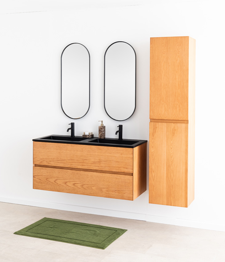 Badkamermeubel Fior eik hangend met dubbele wastafel mat zwart 120cm