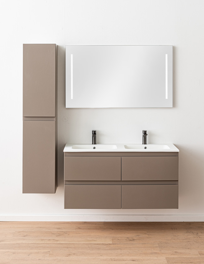 Badkamermeubel Trente taupe met dubbele wastafel mat wit 120cm