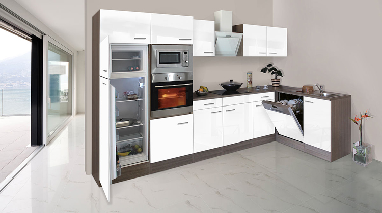 Cuisine d'angle blanc/chêne foncé 340x172cm - plaque de cuisson vitrocéramique et hotte murale blanche - avec appareils