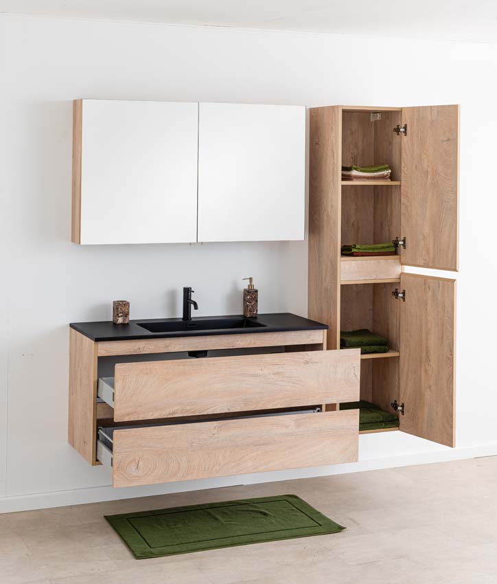 Meuble de salle de bain Tibo en chêne méditerranéen avec lavabo simple noir mat 120cm