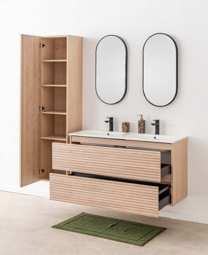 Meuble de salle de bains Dotan line up suspendu avec lavabo double blanc brillant 120cm