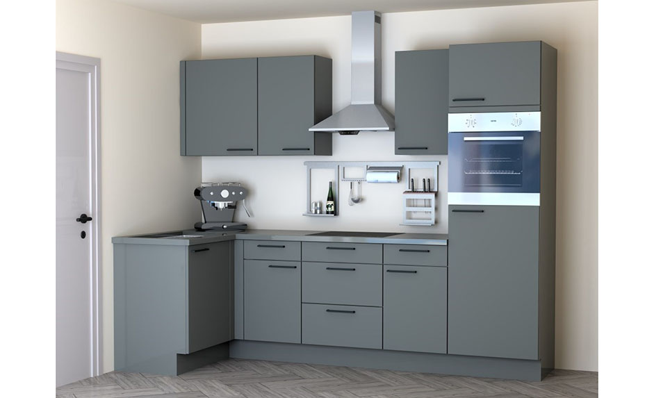 Hoekkeuken Premium 12B donkergrijs 275x125cm - voorgemonteerd - met toestellen - vitrokeramische kookplaat en inox wanddampkap