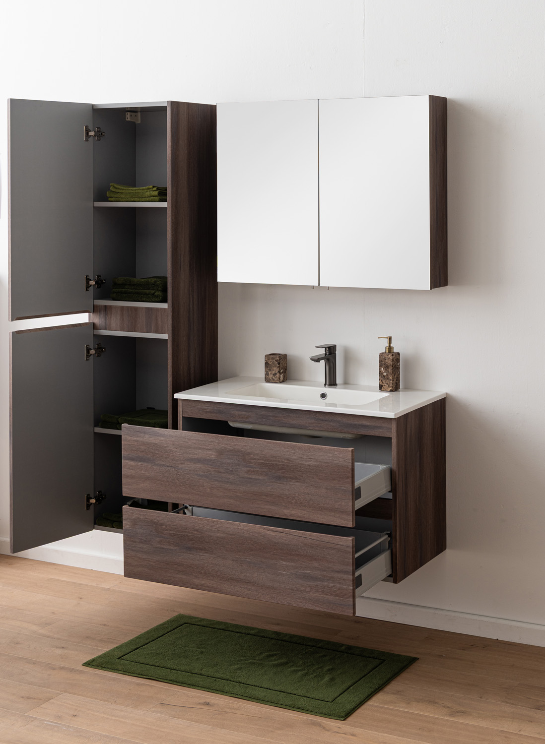 Badkamermeubel Tarik amber eik hangend met enkele wastafel glanzend wit 90cm
