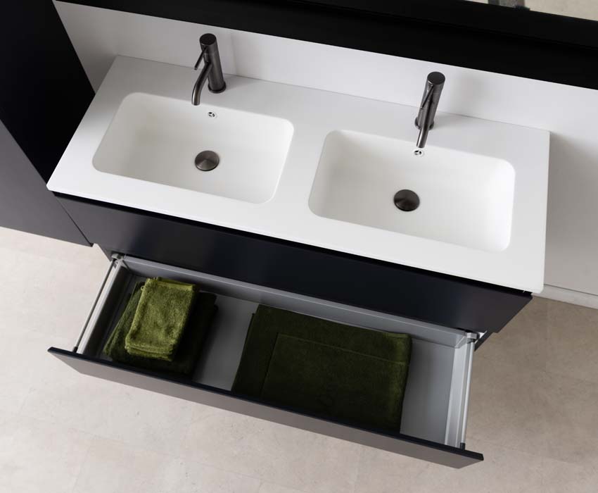 Meuble de salle de bains Tibo gris suspendu avec lavabo double blanc mat 120cm