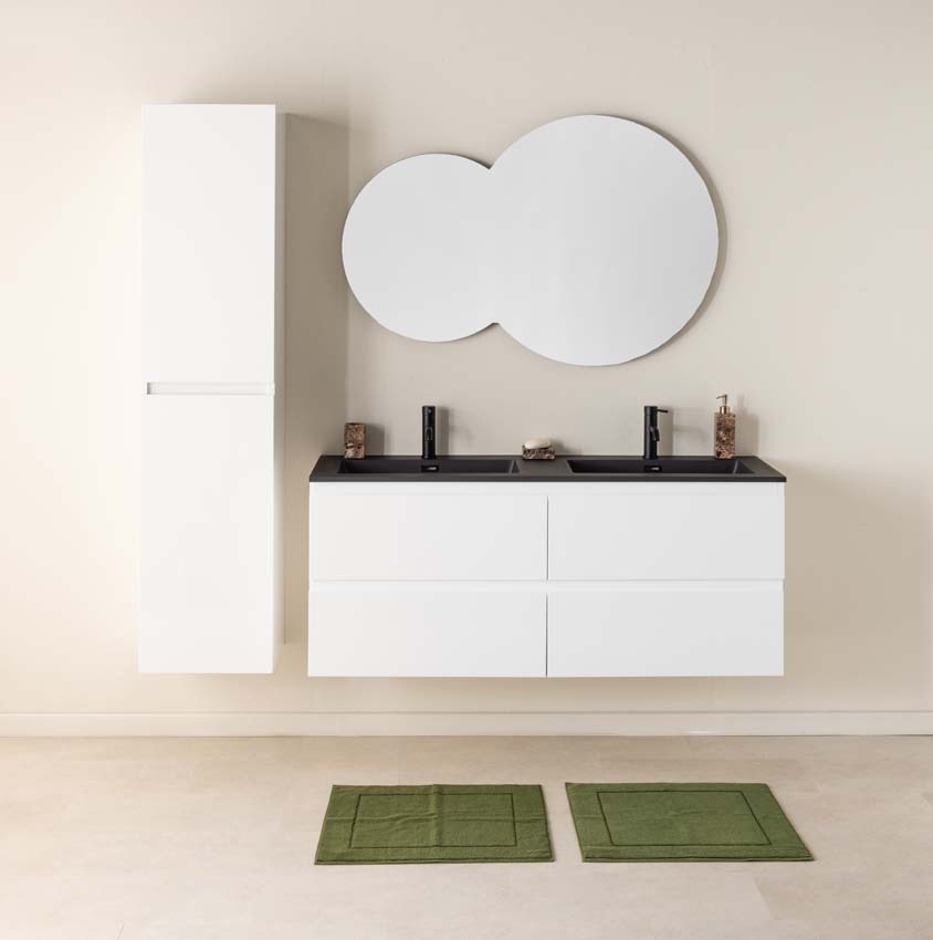 Meuble de salle de bains Tibo blanc suspendu avec lavabo double noir mat 140cm