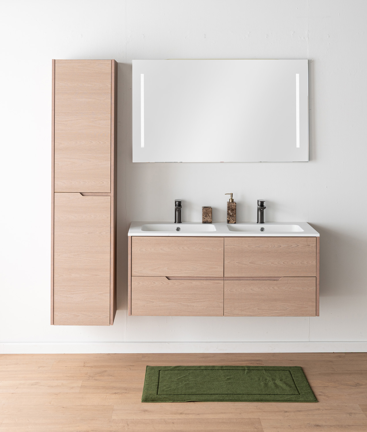 Meuble de salle de bains Tarik chêne Nordic suspendu avec double vasque blanc mat 120cm