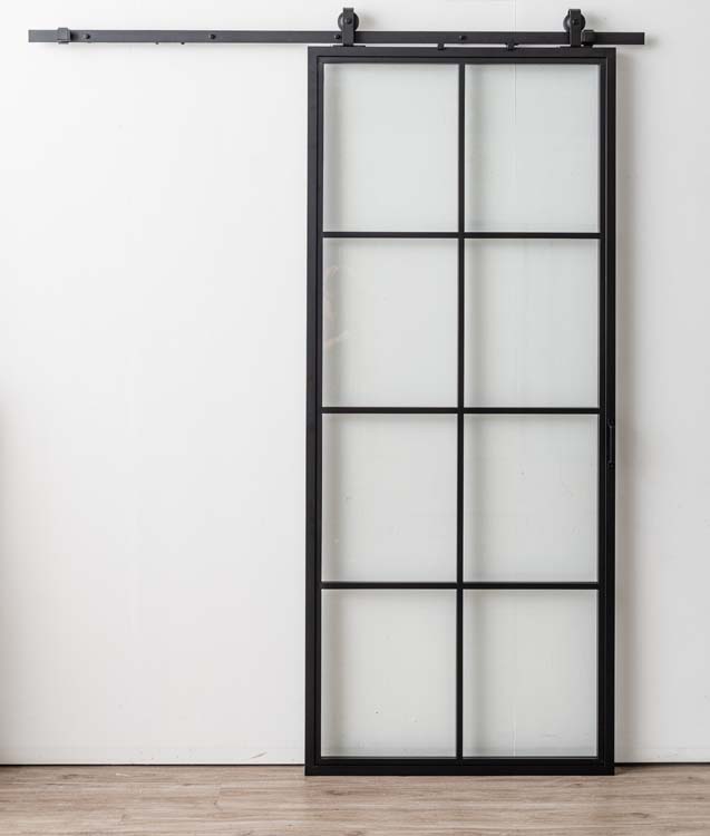 Porte coulissante simple en acier complète Tyra 8R sur mesure + rail noir