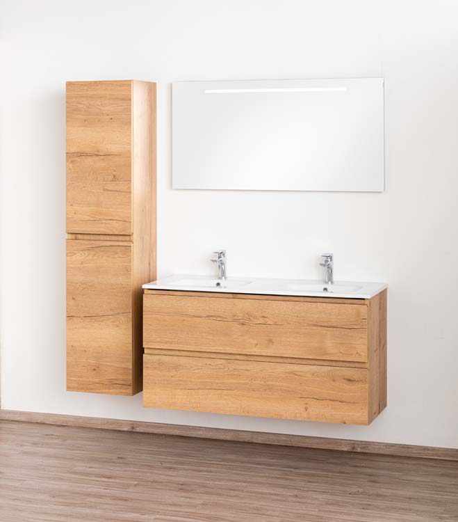 Meuble de salle de bain Daria chêne brun doré 1200 mm 2 lavabo porcelaine brillant