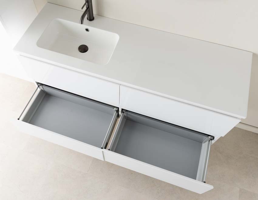 Meuble de salle de bains Tibo blanc suspendu avec lavabo simple à gauche blanc brillant 140cm