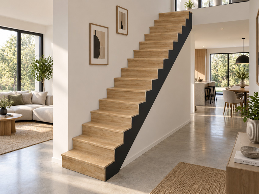 Gesloten trap Lubeck eik zwarte wang recht 305x90cm aantrede 20cm