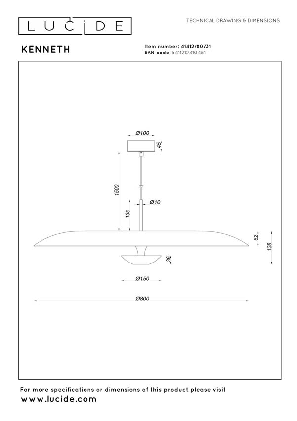 Lucide Premium Kenneth - Hanglamp - Ø80cm - LED Dimbaar - 1x22W 2700K - Wit