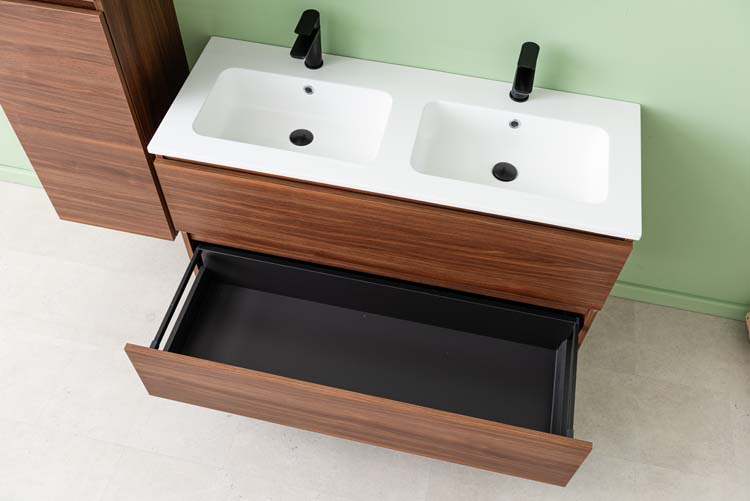 Meuble de salle de bains Dotan noyer suspendu avec lavabo double blanc brillant 120cm