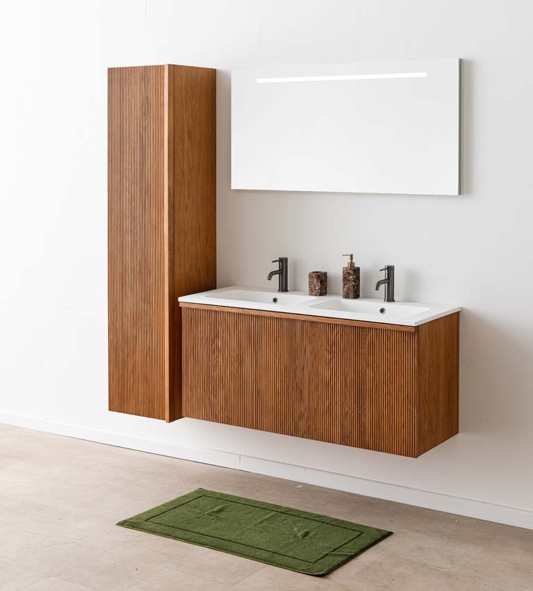 Meuble de salle de bain Fae chêne suspendu avec double lavabo blanc mat 120cm