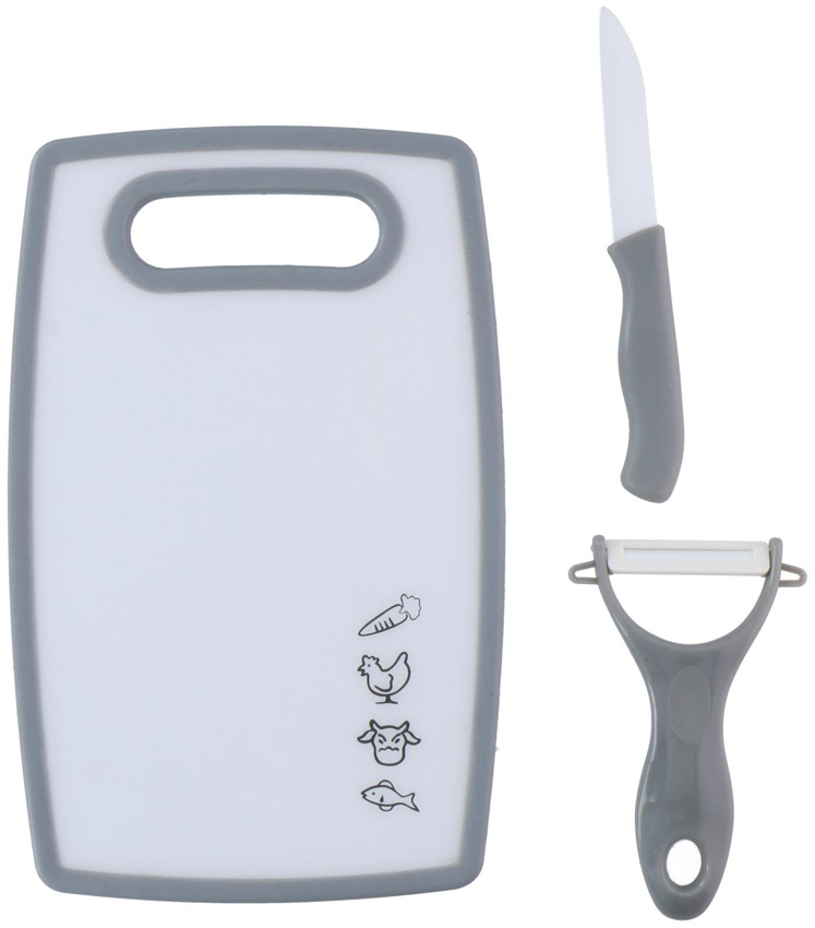 Snijplank met dunschiller en mes kunststof donkergrijs 25x16cm