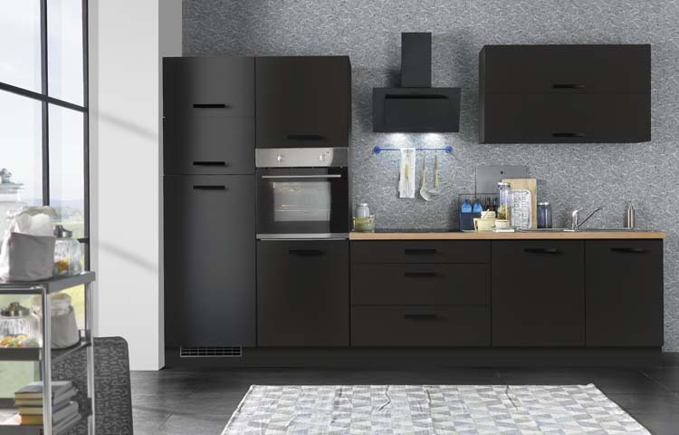 Keuken Rava zwart 320cm - met toestellen en zwarte dampkap