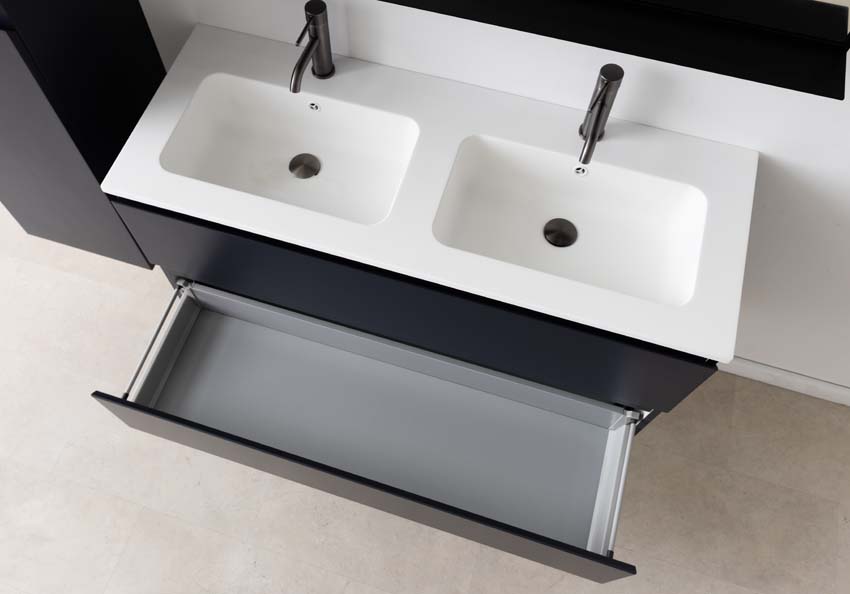 Meuble de salle de bains Tibo gris suspendu avec lavabo double blanc mat 120cm