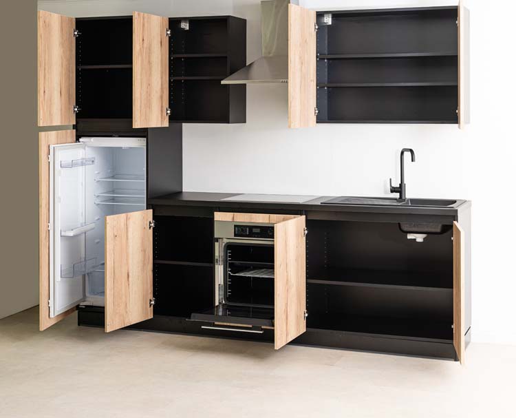 Cuisine Plenti 270cm - four en bas - sans appareils - noire-aspect bois