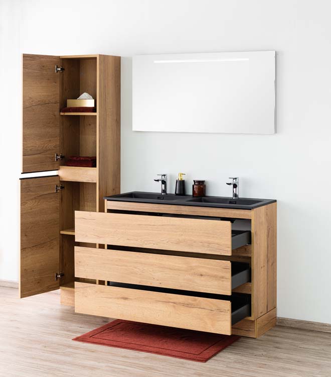 Meuble de salle de bains Daria chêne brun doré sur pied avec lavabo double noir mat 120cm