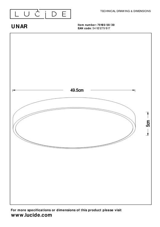 Lucide UNAR - Plafonnier - Ø 50 cm - LED Dim. - 1x36W 2700K - 3 StepDim - Noir