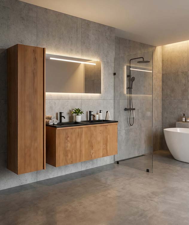 Meuble de salle de bain Fae chêne suspendu avec double lavabo noir mat 120cm